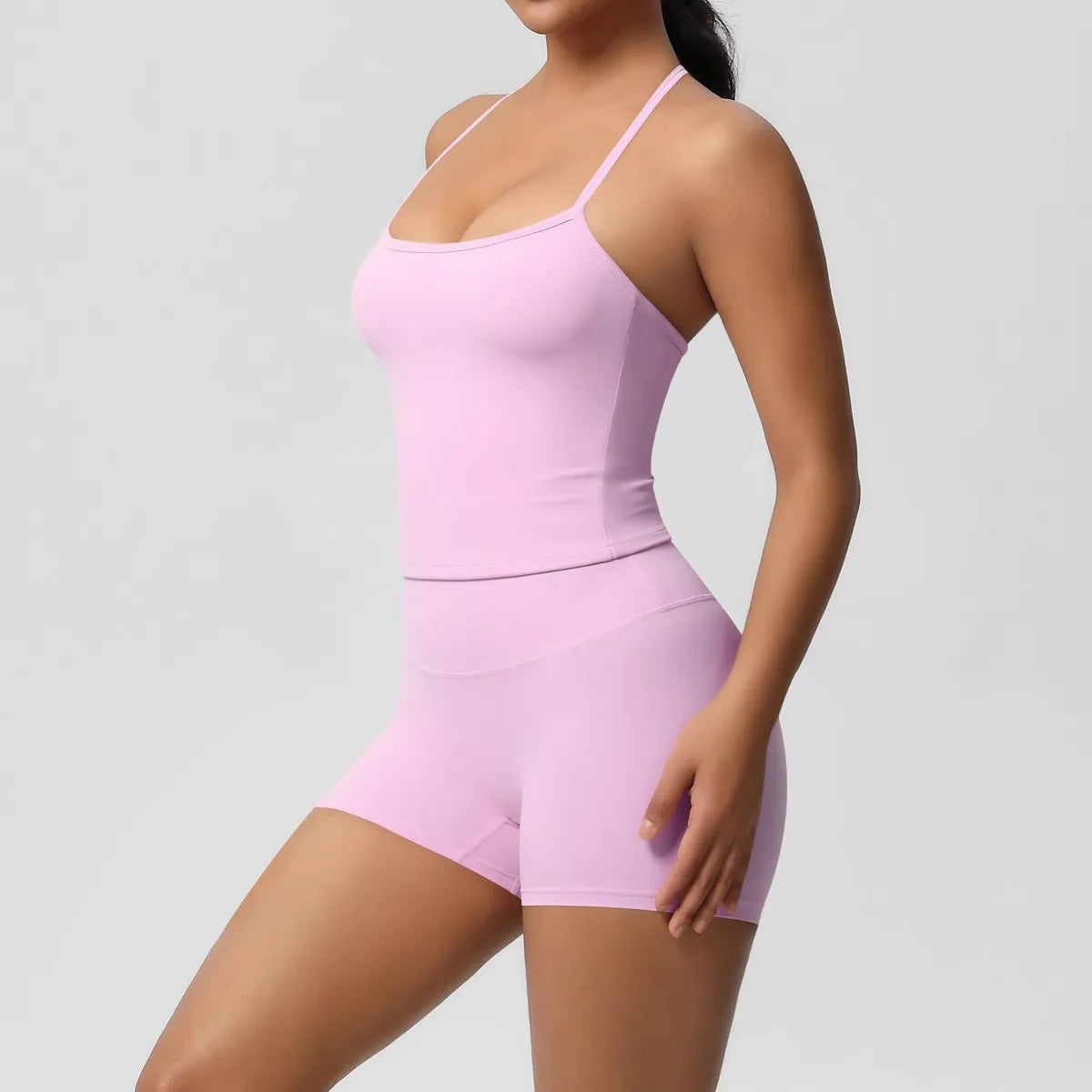Yoga Gym Set Neckholder Top Set Yoga Hohe Taille Shorts Set Rückenfreie Strumpfhosen BH Weste Nahtlose Stretch Gerippte Gesäß Lift Shorts Set