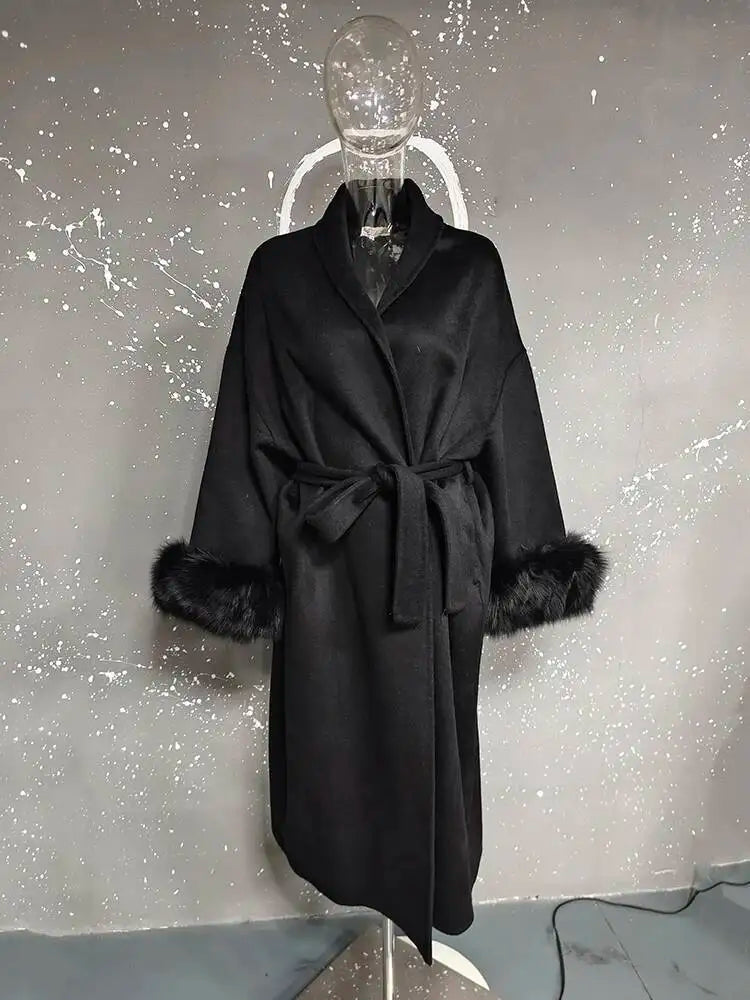 UCXQ Elegant OL Office Lady Overcoats Fur Patchwork Long Sleeve Woolen Coat Beautiful Women's Clothing Jacket Autumn 2025 Winter
