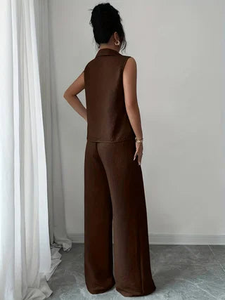 2026 Sommer Neues Ärmelloses V-Ausschnitt-Set mit Weiten Hosen, Französischer Stil Hochwertiges Business-Casual Zweiteiler-Set, Elegante und Schlankmachende Übergrößen-Damenkleidung, Geeignet für Büro, Alltag und Urlau