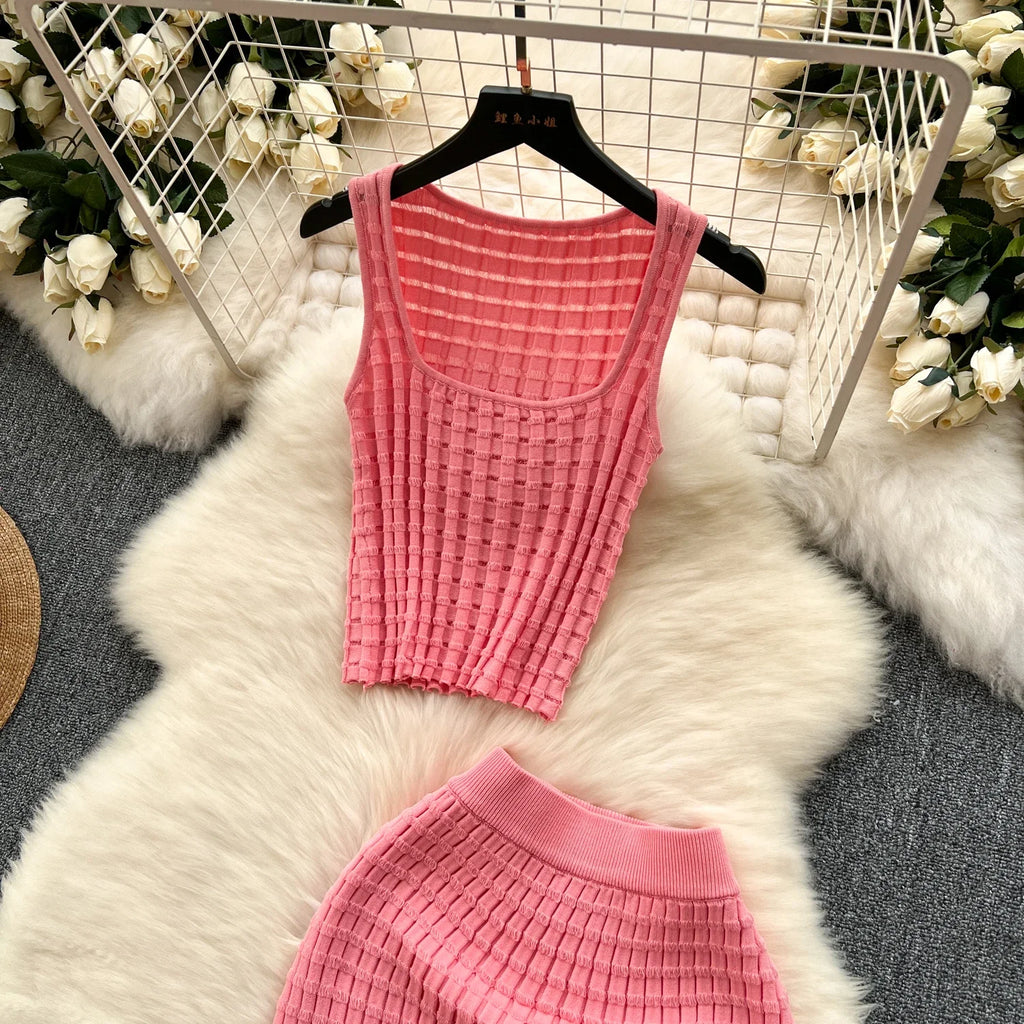 Sommer Frauen Mode Rock Set sexy ärmellose Tanktops hohe Taille schlanke lange Saya weibliche zweiteilige Anzüge stricken feste Kleidung