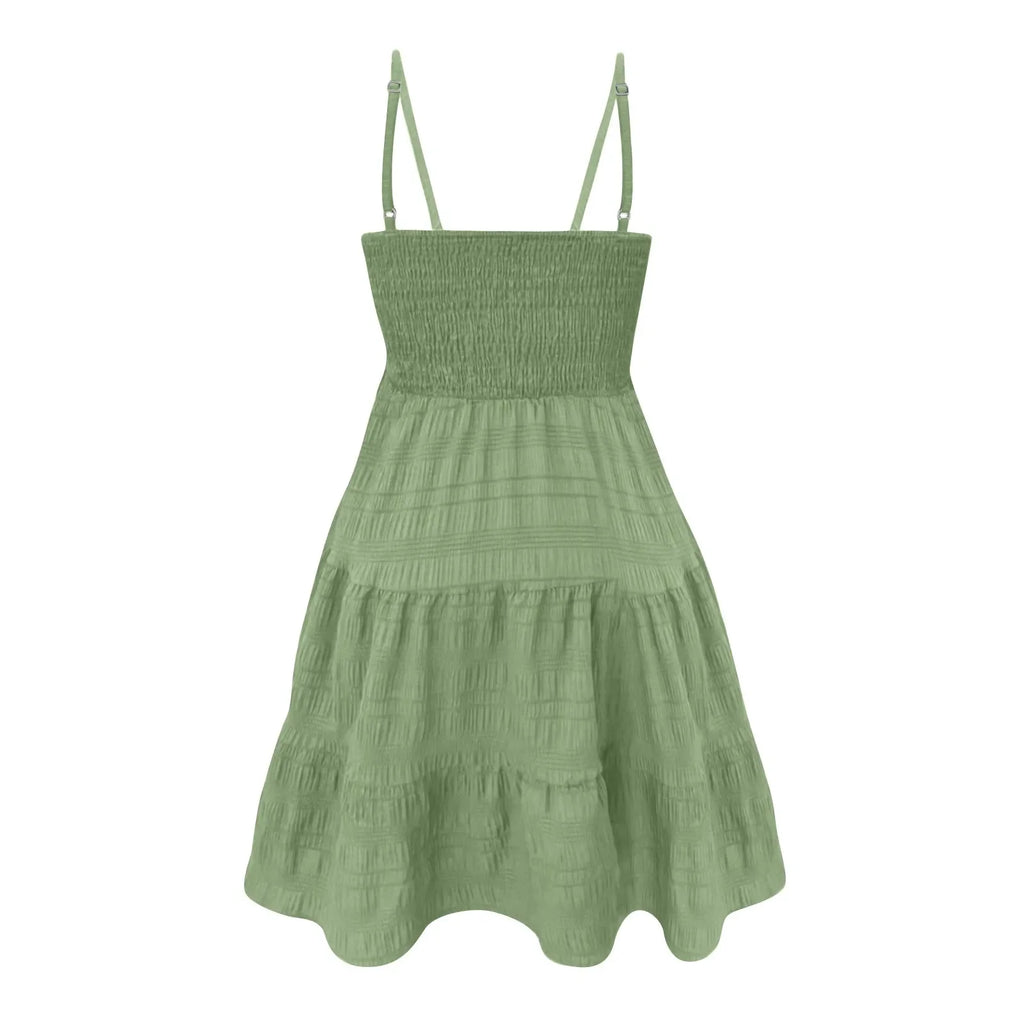 Bohemian Strand Sommerkleid Frauen Sexy Ärmellose Backless Große Schaukel Mini Kleid Solide Spaghetti Strap Rüschen Kleid Sommer Vestidos