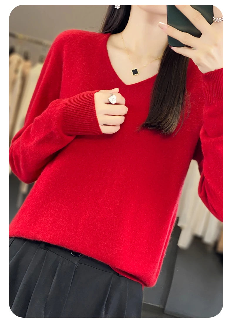 Frauen 100% Merinowolle Pullover V-Ausschnitt Basic Pullover Herbst Winter Kaschmir Kleidung Langarm weiche Strickwaren Tops einfarbig