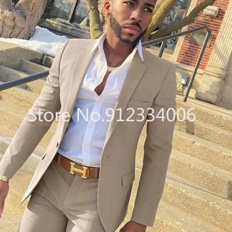 2-teiliger beigefarbener Anzug für Männer, Slim Fit, Hochzeit, Bräutigam, Smoking, Trauzeugenanzüge, männliche Mode, Raucherkostüm, Homme, Blazer mit Hosen