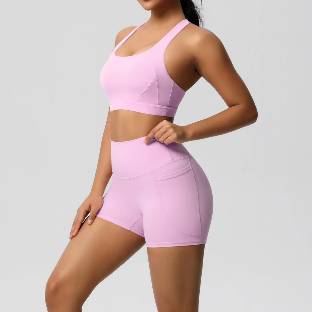 2PCS Sportswear Mit Taschen Yoga Set Gymnastik Kleidung Yoga Anzüge Für Frauen Trainingsanzüge Sport Shorts Crossover Bh Gym Leggings