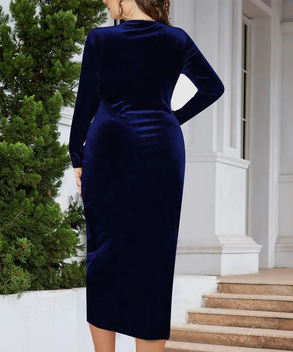 Elegante Samt Bodycon Kleid Frauen Sexy Gewickelt V-ausschnitt Langarm Geraffte Hohe Taille Midi Kleid Party Cocktail Kleider Vestidos