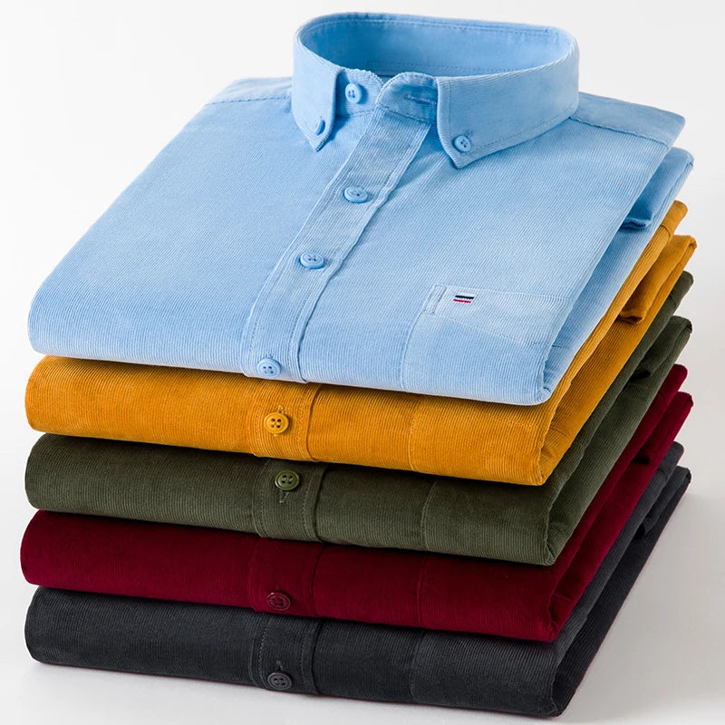 Neue Herrenhemden aus reiner Baumwoll-Cord, modisch, Business-Casual, bequem, extra Größe, einfarbig, langärmelig, Herrenbekleidung