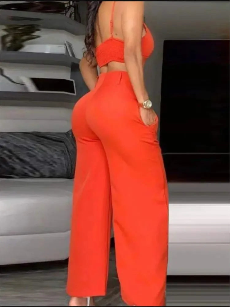 Sommer Sexy 2-teiliges Set Frauen V-ausschnitt Strap Geraffte Schlank Crop Top & Spitze-up Breite Bein Hosen Sets elegante Urlaub Dame Anzug