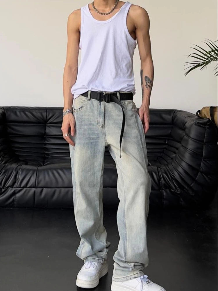 Jeans für Herren, locker, hellblau, Baggy, gerade, Cowboy-Hose, Punk, gespleißt, Y2k, Vintage-Hose, 2025, koreanischer Herbst-Trend, Baumwolle