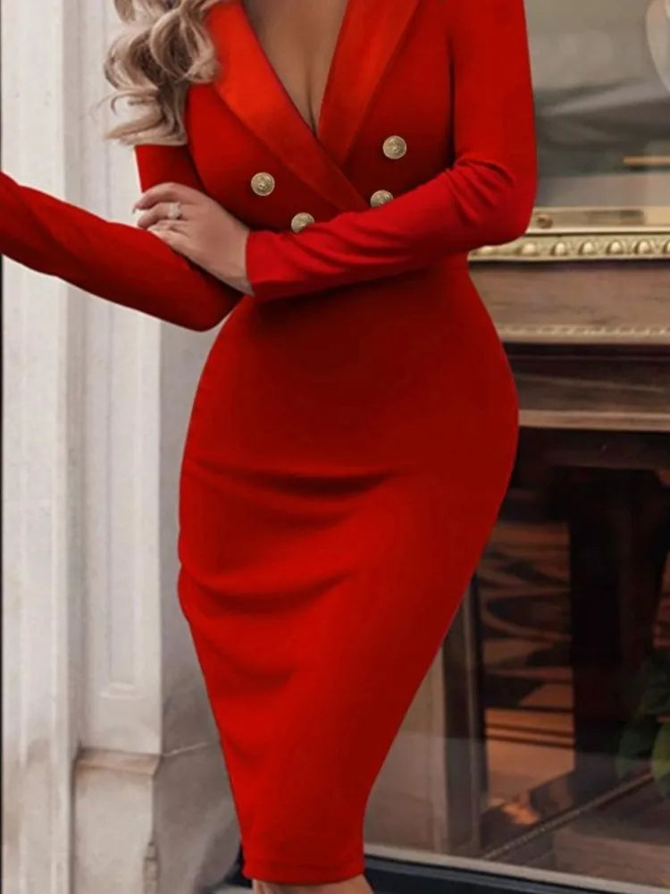 Sexy Tiefem V-ausschnitt Mit Langen ärmeln Dünnes Kleid Für Frauen Herbst Winter Mode Einfarbig Büro Ladiy Taste Hüfte Kleider weibliche