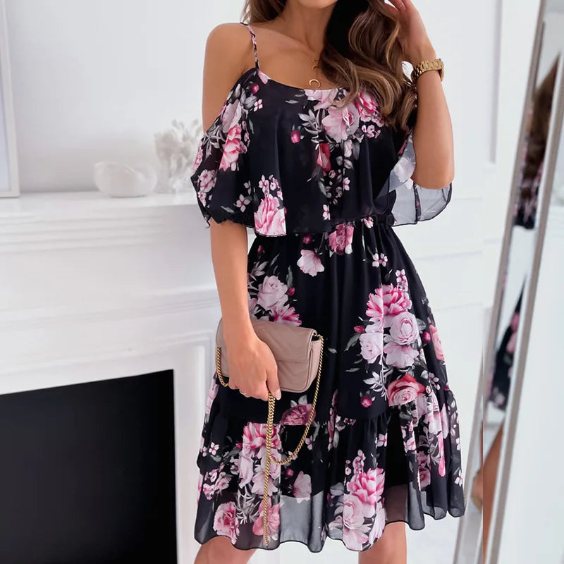 Sexy Off Schulter Floral Chiffon Mini Frauen Kleid 2022 Sommer Kurzarm Casual Weiß Rüschen Kleider Für Frauen Robe Femme