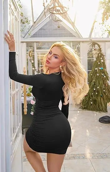 Ein neues europäisches grenzüberschreitendes Damenkleid 2025, mit V-Ausschnitt, sexy langärmeligen, einfarbigen Farben, hoher Taille und kurzen Hüften