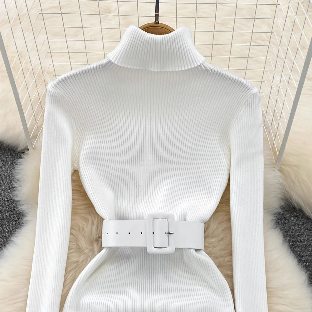 REALEFT Herbst Winter 2025, neue Rollkragen frauen Gestrickte Kleider mit Gürtel Langarm Elegante Bodycon Wrap Kleid Weibliche