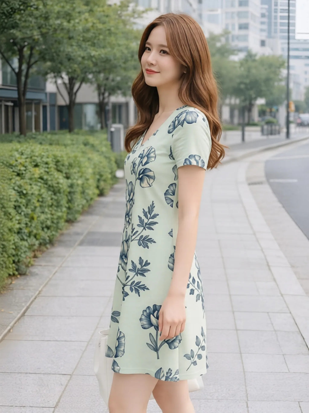 Damen-Minikleid mit V-Ausschnitt, kurzärmelig, Blumenmuster, lässiges Reiseoutfit, feminin, anmutig, entspannt, leicht zu tragen, modisch, charmant, niedlich, Café