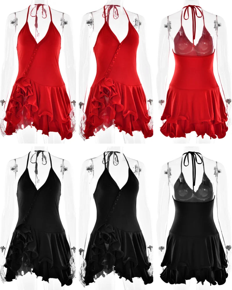 Absobe Damen A-Linie, figurbetontes Minikleid, Rüschensaum, V-Ausschnitt, asymmetrische Knöpfe, lange Ärmel, kurzes Kleid, Party, Streetwear, Outfits