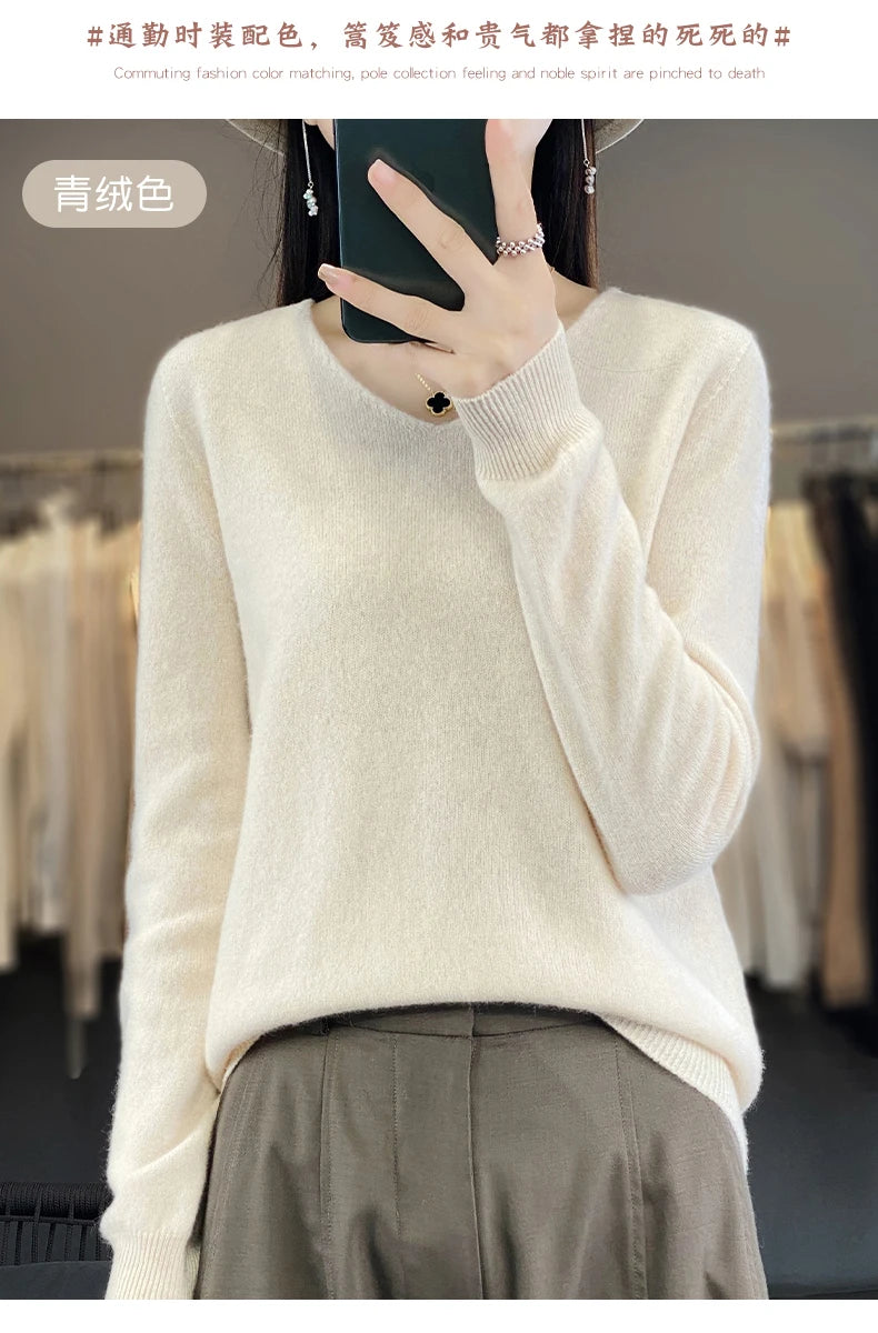 Frauen 100% Merinowolle Pullover V-Ausschnitt Basic Pullover Herbst Winter Kaschmir Kleidung Langarm weiche Strickwaren Tops einfarbig