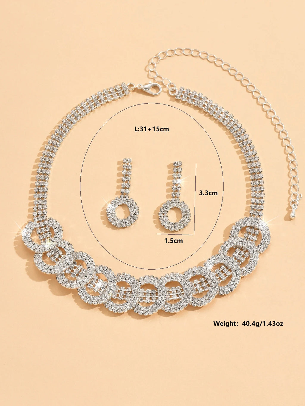 3pcs Fashion Jewelry Set with Rhinestone Inlaid Round Necklace Earrings Jewelry Set Suitable for Women's Party Accessories