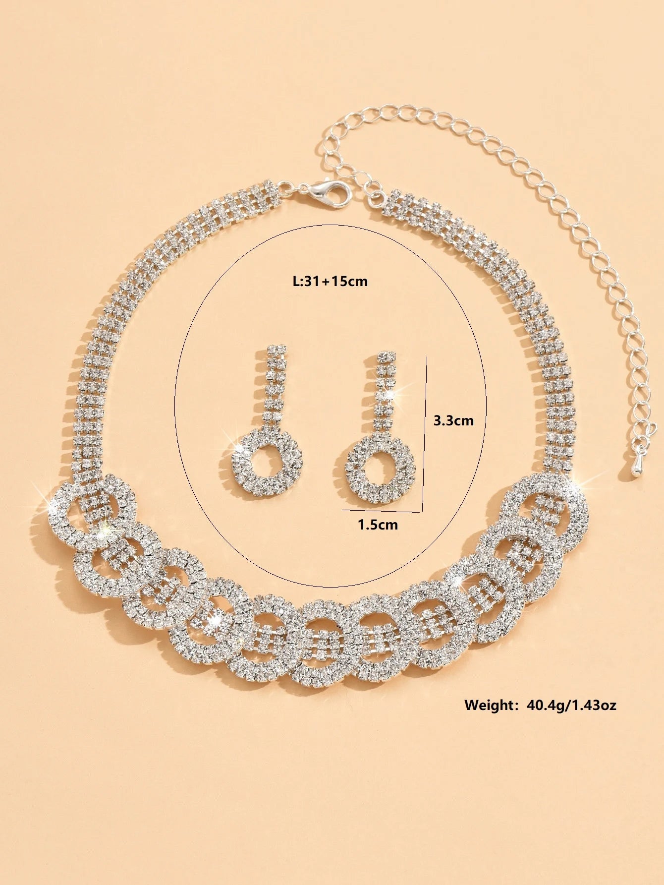3 stücke Modeschmuck-Set mit Strass eingelegten runden Halskette Ohrringe Schmuck-Set geeignet für Frauen Party-Accessoires