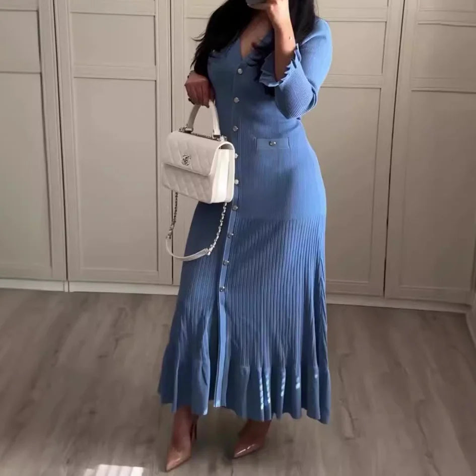 Kleid Frauen Lange Kleider Maxi Einreiher Volle Hülse V-ausschnitt Hohe Taille Schlank Party Herbst Elegante Splice Gestrickte Vestidos