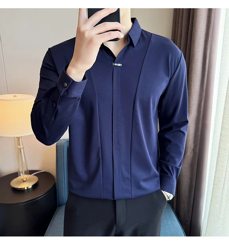 Men Long Sleeved Polo Shirt 2024 Autumn British Style Solid Casual Elastic Slim Fit T-shirt Formal Dress Polo Shirt Men Clothing