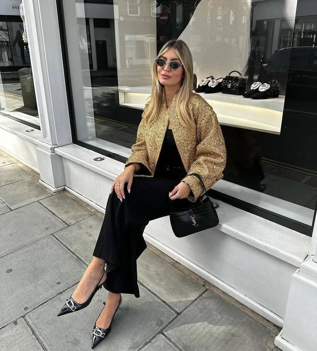 Damen Pailletten Bomber jacke fallen neue Rundhals ausschnitt Langarm Tasche Stretch Saum Pailletten Jacke Mantel weibliche schicke Oberbekleidung