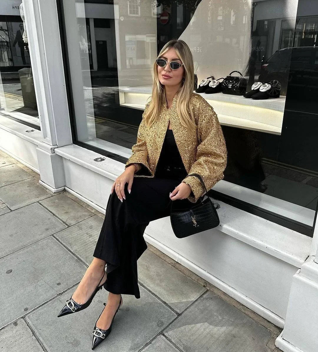 Damen Pailletten Bomber jacke fallen neue Rundhals ausschnitt Langarm Tasche Stretch Saum Pailletten Jacke Mantel weibliche schicke Oberbekleidung