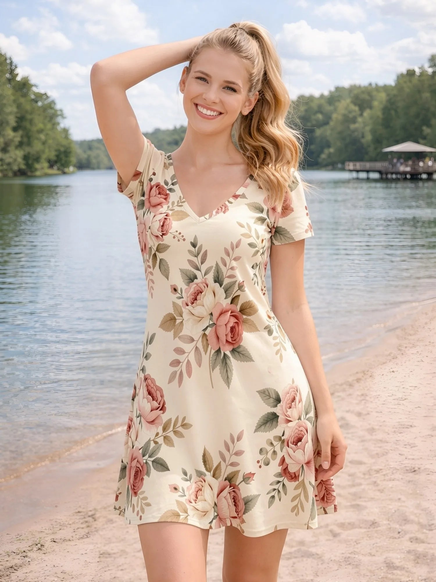 Damen-Kleid mit V-Ausschnitt, kurzen Ärmeln und Blumenmuster, A-Linie, lässig, für Terrasse, Brunch, Sommer, Sommerkleid, Outfit, schön, für den Alltag, feminin, anmutig, einfach