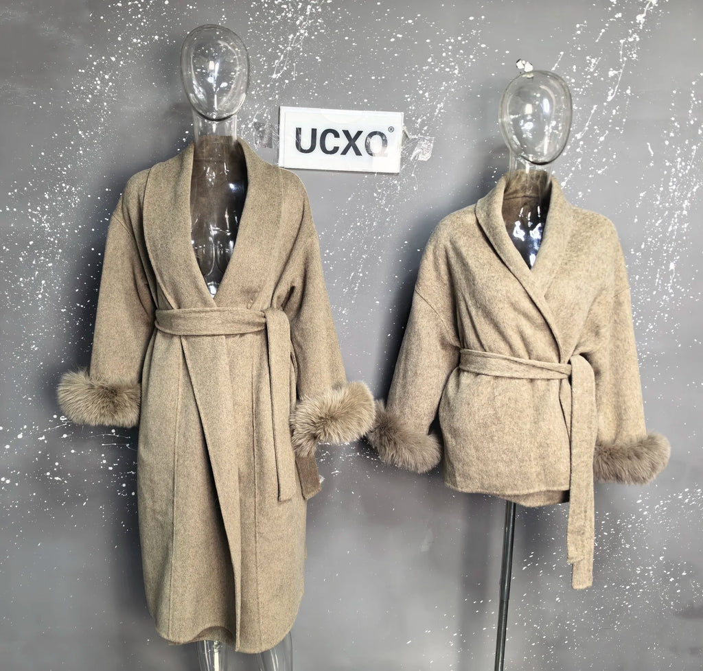 UCXQ Elegant OL Office Lady Overcoats Fur Patchwork Long Sleeve Woolen Coat Beautiful Women's Clothing Jacket Autumn 2025 Winter
