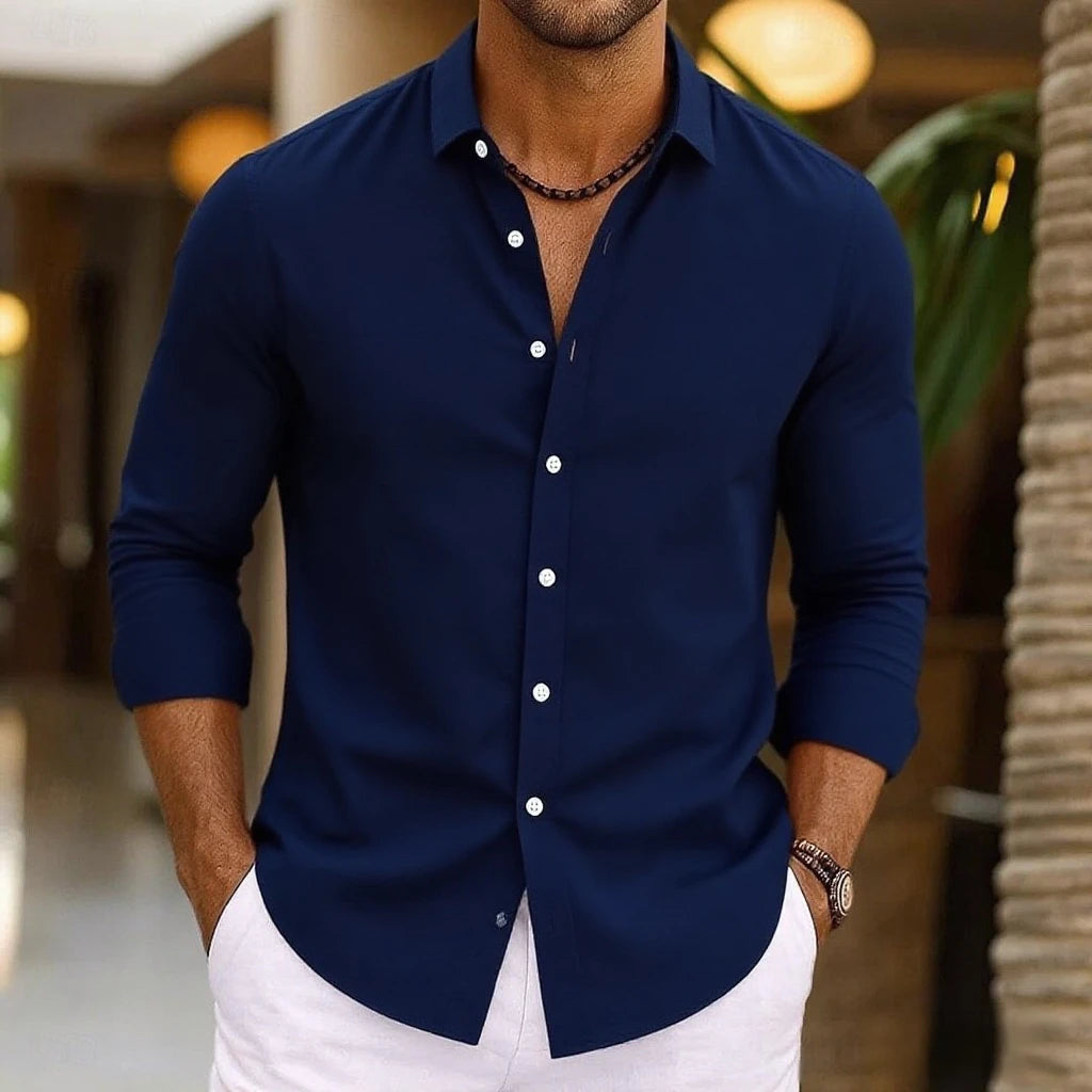 Herren Leinenhemd Sommer Beachwear Knopf Einfarbig Baumwolle Leinen Langarmhemd Urlaub Herrenbekleidung Schneller Versand