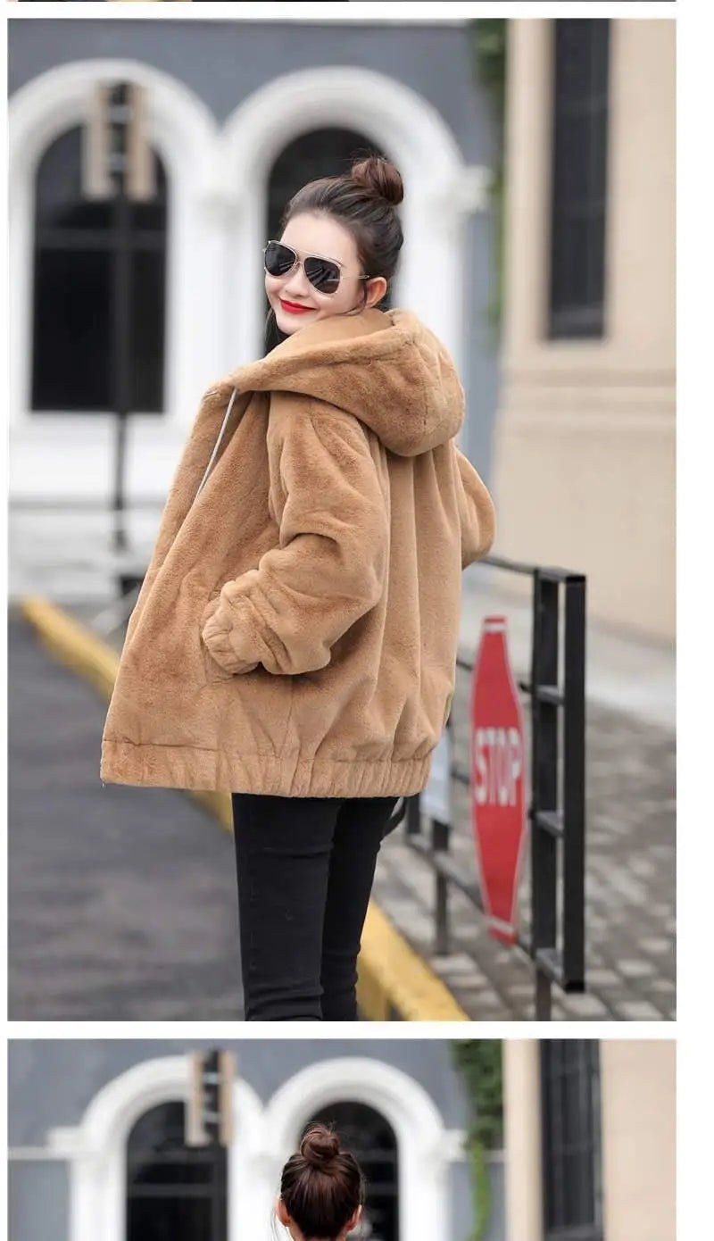 Plüsch-Kapuzenjacke für Damen, mittellang, Winter, neuer lockerer Plüsch, warmer, langer Ärmel, Plüsch, kurze Jacke, modischer Freizeitmantel