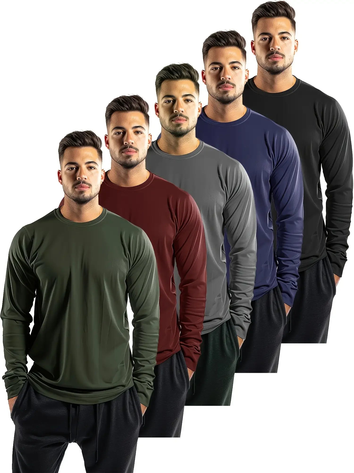 5-teiliges einfarbiges Herren-Langarm-T-Shirt mit Rundhalsausschnitt, vielseitiges Design, bequem und modisch