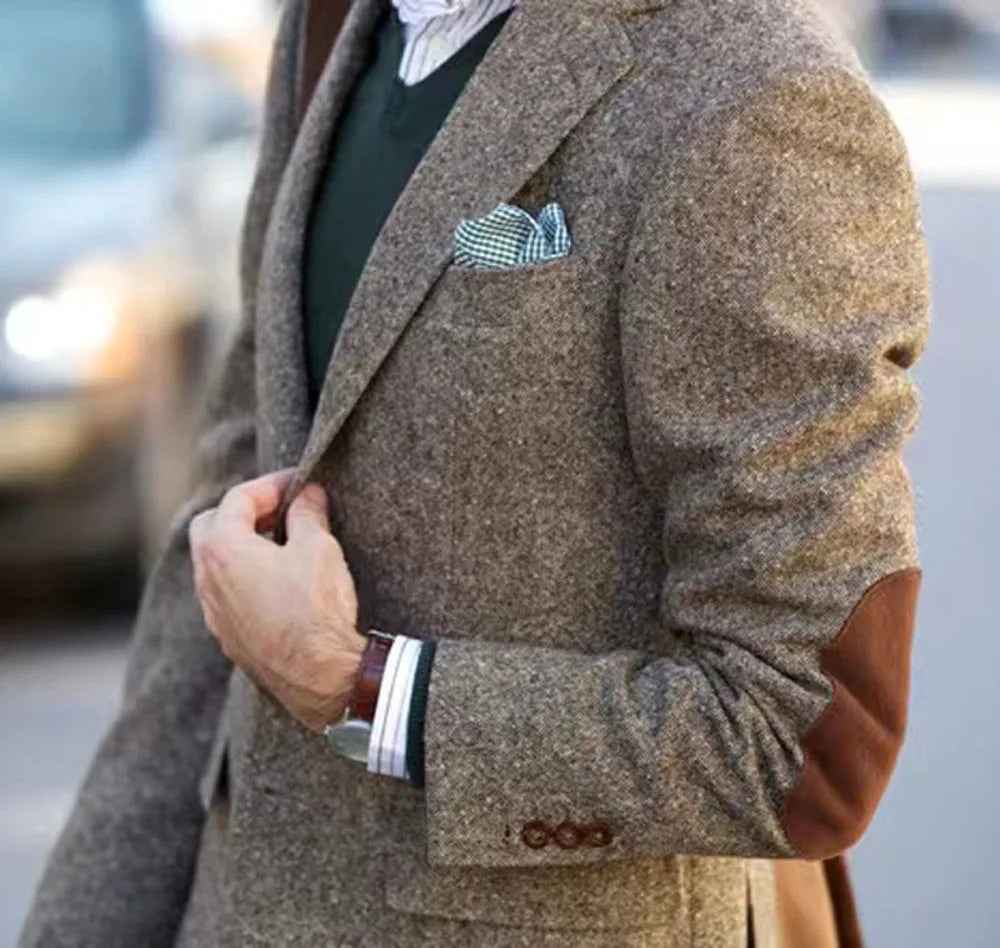 Vintage Winter-Tweed-Anzüge, braune Tweed-Herrenanzüge mit Patch-Design, Kostüm Homme, Smart Business, formelle Hochzeitsanzüge, 1-teilig