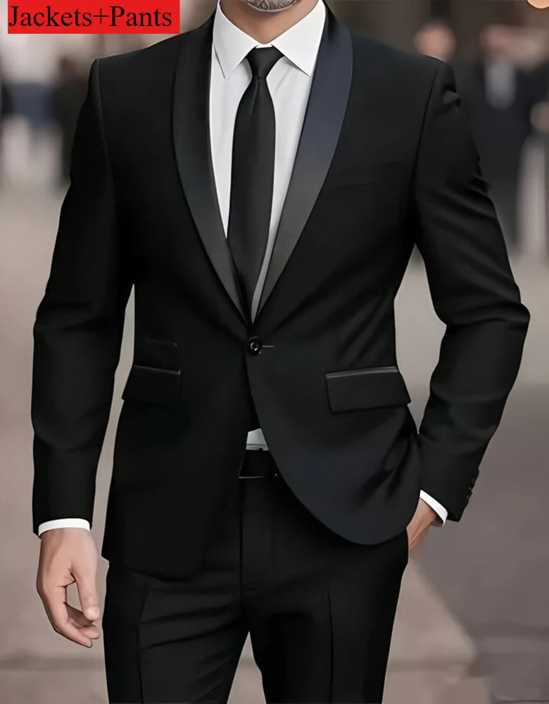 Formelles Anzugset für Herren, Business-Casual, Slim-Fit-Smoking für Hochzeit, langärmliges Revers mit Kerbe, Bräutigam