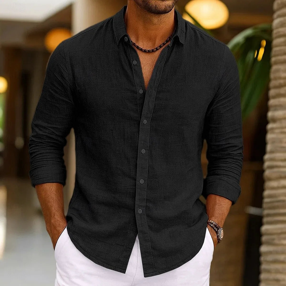 Herren Leinenhemd Sommer Beachwear Knopf Einfarbig Baumwolle Leinen Langarmhemd Urlaub Herrenbekleidung Schneller Versand