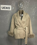 UCXQ Elegant OL Office Lady Overcoats Fur Patchwork Long Sleeve Woolen Coat Beautiful Women's Clothing Jacket Autumn 2025 Winter