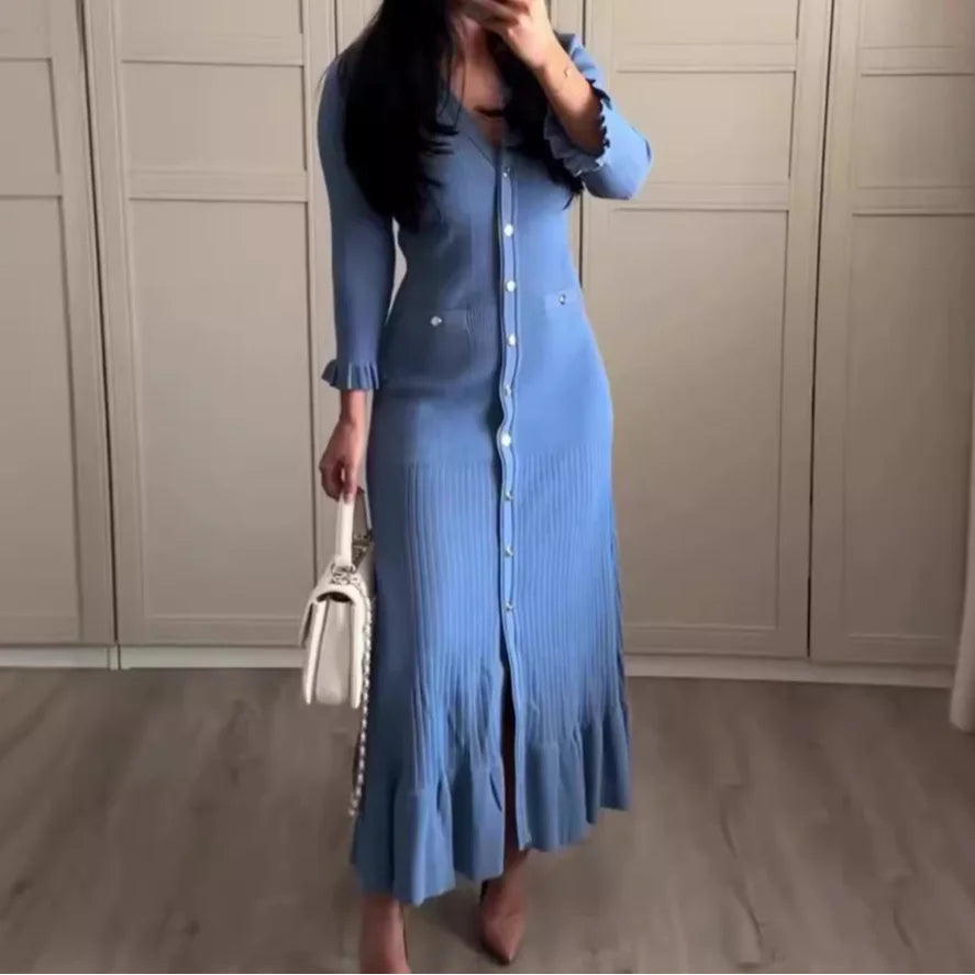 Kleid Frauen Lange Kleider Maxi Einreiher Volle Hülse V-ausschnitt Hohe Taille Schlank Party Herbst Elegante Splice Gestrickte Vestidos