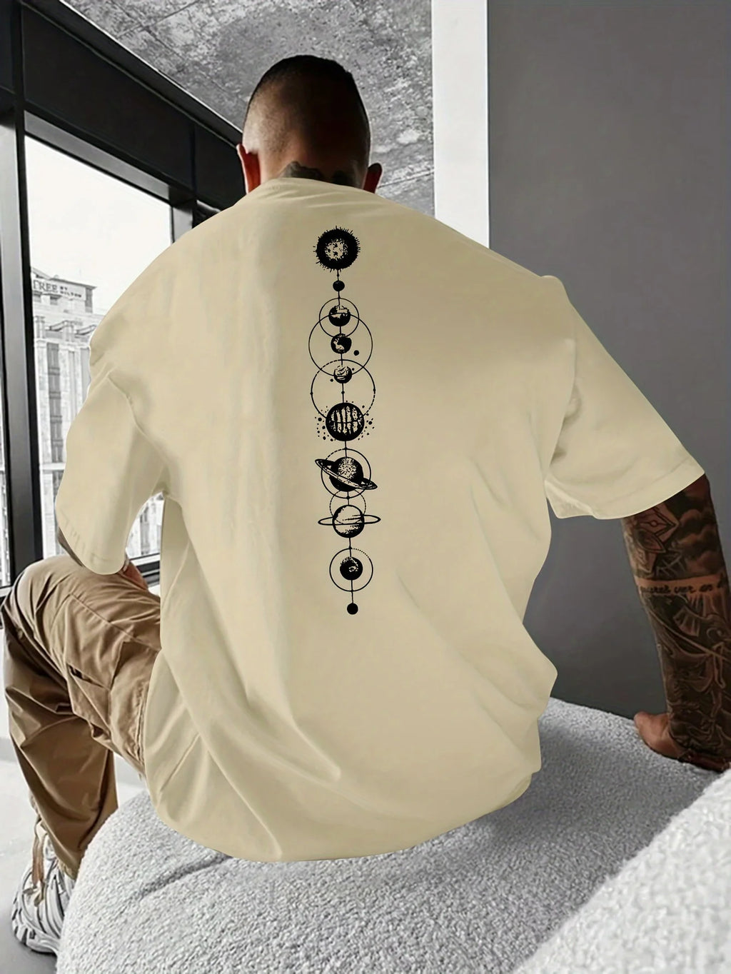 Herren-T-Shirt-Oberteil aus 100 % reiner Baumwolle, Sommer, lockere Größe, Planet-Grafikdruck, lässig, schmale Passform, Rundhalsausschnitt, kurzärmelig