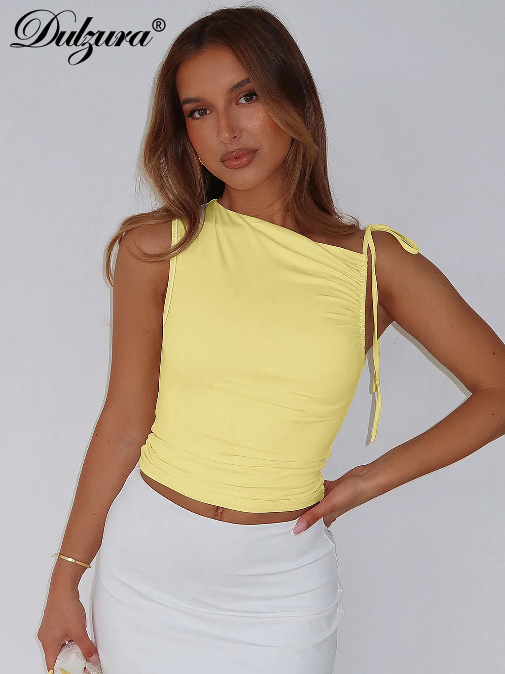 Dulzura Ärmelloses Skew Kragen Geraffte Spitze Up Bodycon Crop Top Sexy Elegante Casual Tank Party Club Streetwear Frühling Sommer