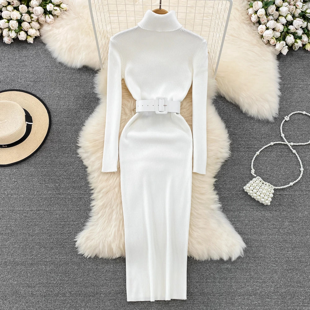 REALEFT Herbst Winter 2025, neue Rollkragen frauen Gestrickte Kleider mit Gürtel Langarm Elegante Bodycon Wrap Kleid Weibliche