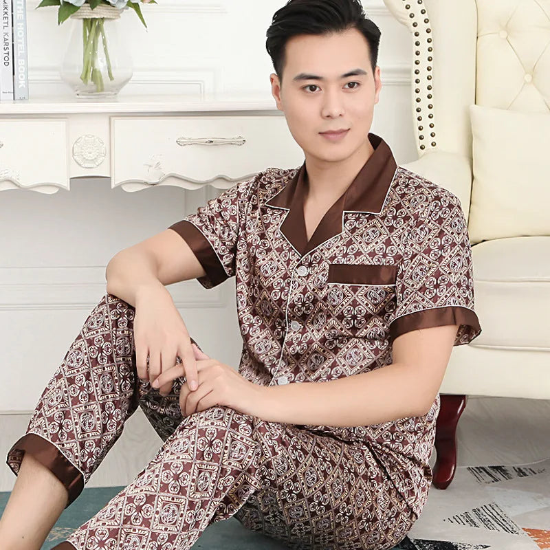 Hohe Qualität Pyjamas Set Männer Frühling Herbst Dünne Polyester Eis Seide Lange ärmeln Nachtwäsche Plus Größe Sommer Hause Kleidung männlichen