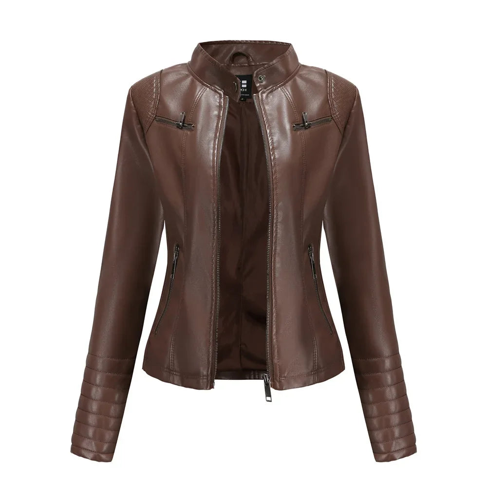 New 20 Women's Leather Jacket Thin Motorcycle Style Short Fashion Women's Jacket Stand Collar Full Sleeve from Mainland China