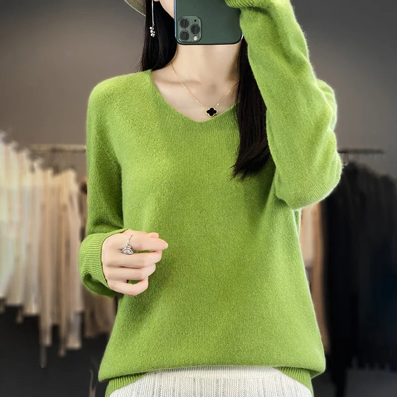 Frauen 100% Merinowolle Pullover V-Ausschnitt Basic Pullover Herbst Winter Kaschmir Kleidung Langarm weiche Strickwaren Tops einfarbig