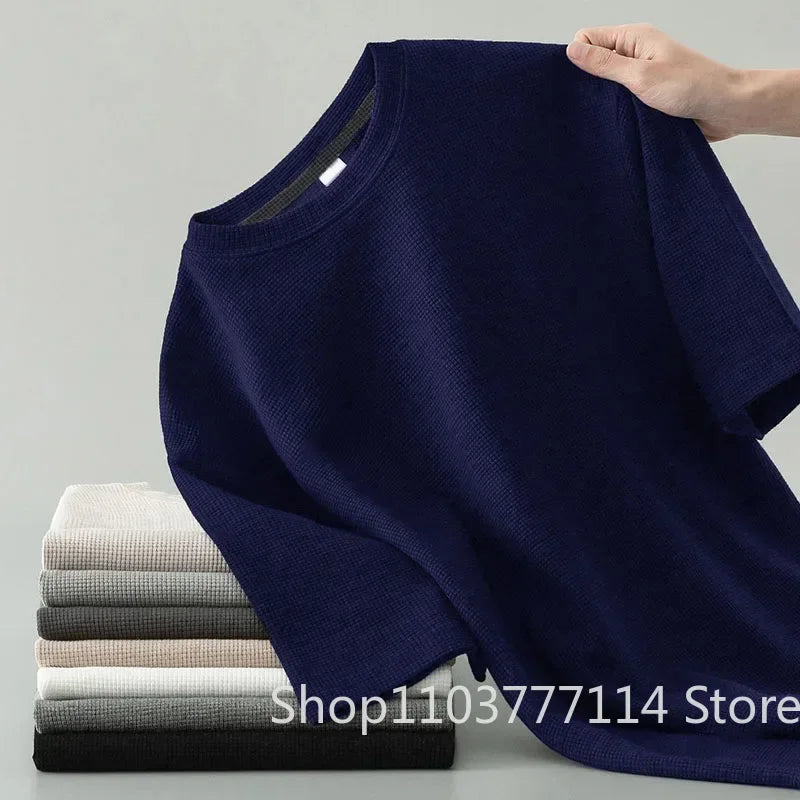 Koreanischen Stil Männer Sommer T-Shirt Mann Kurzarm Waffel Solide T-Shirt Farbe Casual Tee Runde männer Rundhals Mode top