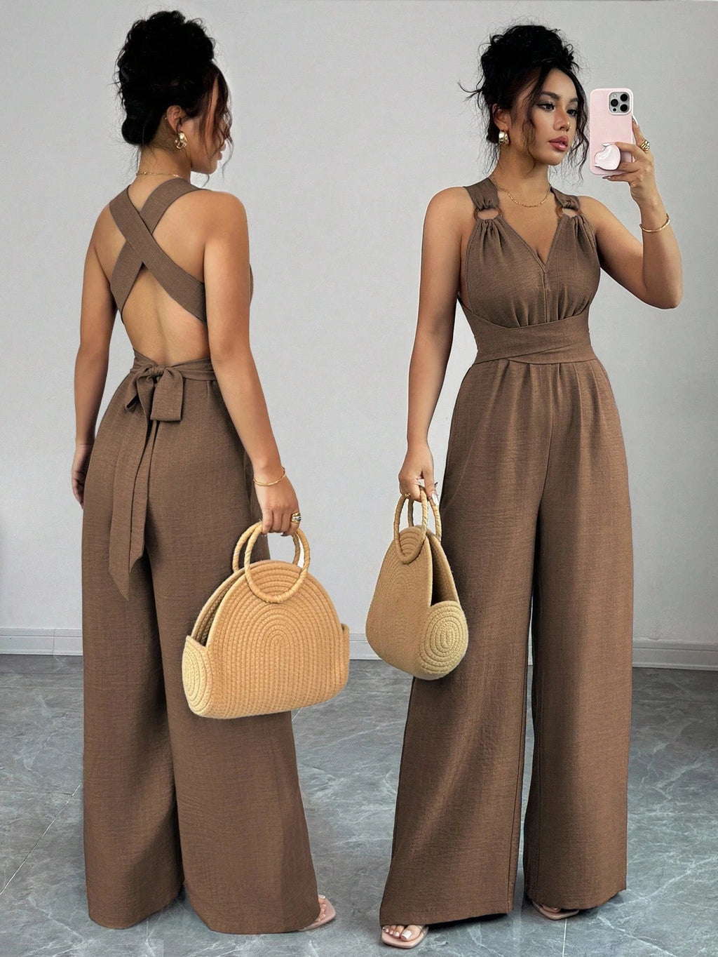 Damen-Overall mit V-Ausschnitt, Bindetaille und weitem Bein, lässige Sommerkleidung, Madeleine-Stil, Sommerbraun