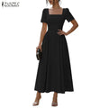 ZANZEA Damen-Maxikleid im französischen Stil, elegant, für den Sommer, quadratischer Ausschnitt, kurze Ärmel, geraffte Taille, A-Linien-Kleider, Urlaub, Tag-und-Nacht-Kleid