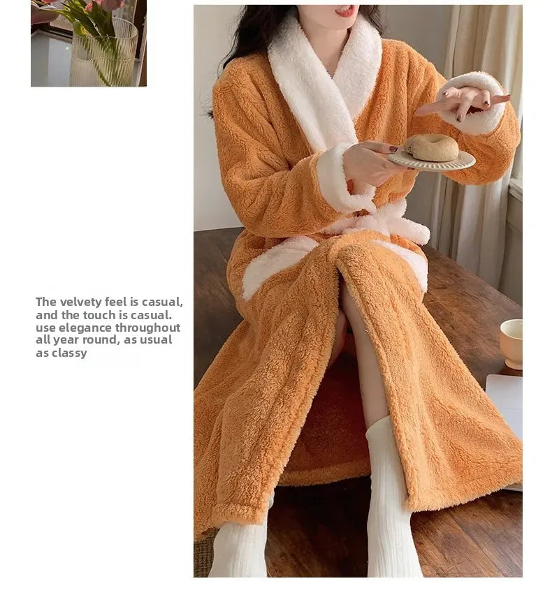 Verdickte Korallen Fleece Robe frauen V-ausschnitt Gürtel Langarm Mid-länge Süße Stil Warme Hause Kleidung Winter Saison