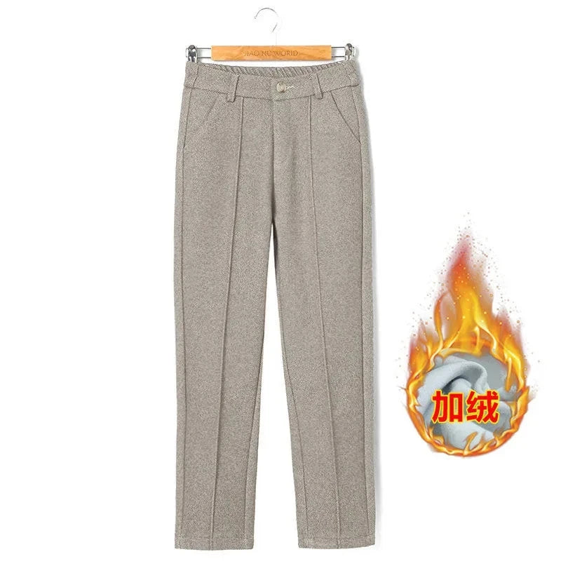 High Waist Wool Blend Pants Women Winter Thicken Plush Lined Harem Pantalones Office Casual Warm Ankle-length Woolen Spodnie