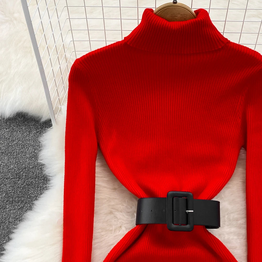 REALEFT Herbst Winter 2025, neue Rollkragen frauen Gestrickte Kleider mit Gürtel Langarm Elegante Bodycon Wrap Kleid Weibliche