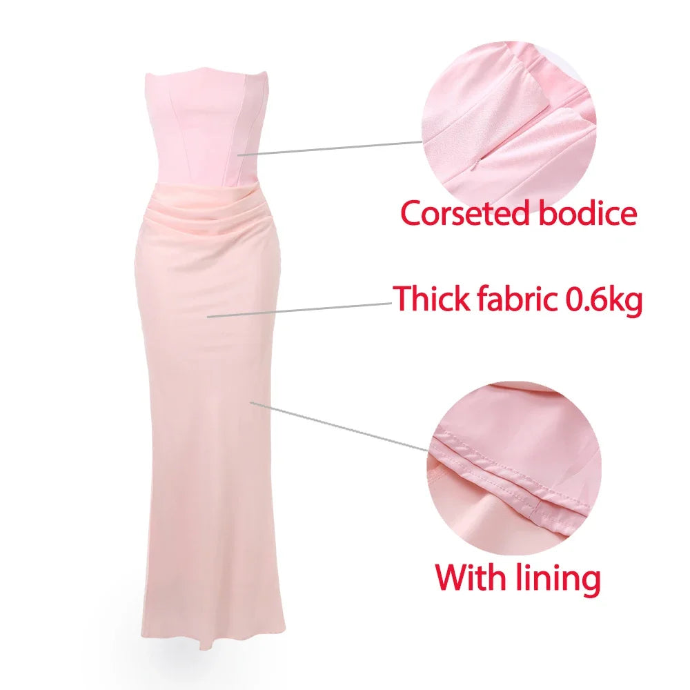 Suninheart Winter Damen Trägerloses Abendkleid 2025, rosa Maxi-Korsettkleid, elegantes langes Satin-Nachtgala-Partykleid