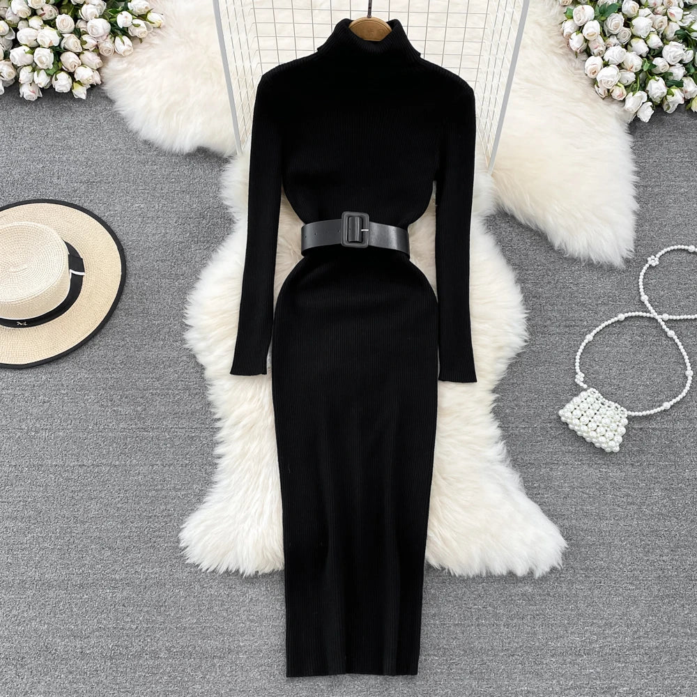 REALEFT Herbst Winter 2025, neue Rollkragen frauen Gestrickte Kleider mit Gürtel Langarm Elegante Bodycon Wrap Kleid Weibliche