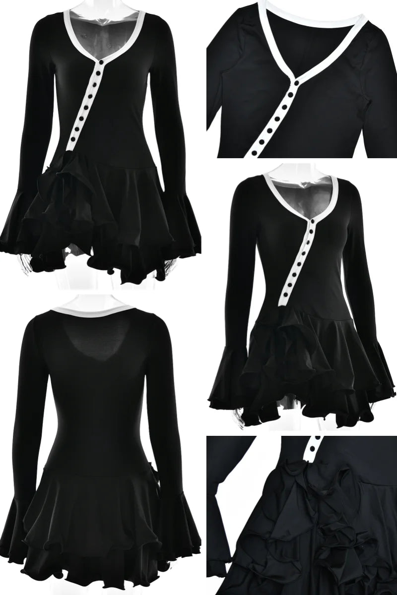Absobe Damen A-Linie, figurbetontes Minikleid, Rüschensaum, V-Ausschnitt, asymmetrische Knöpfe, lange Ärmel, kurzes Kleid, Party, Streetwear, Outfits